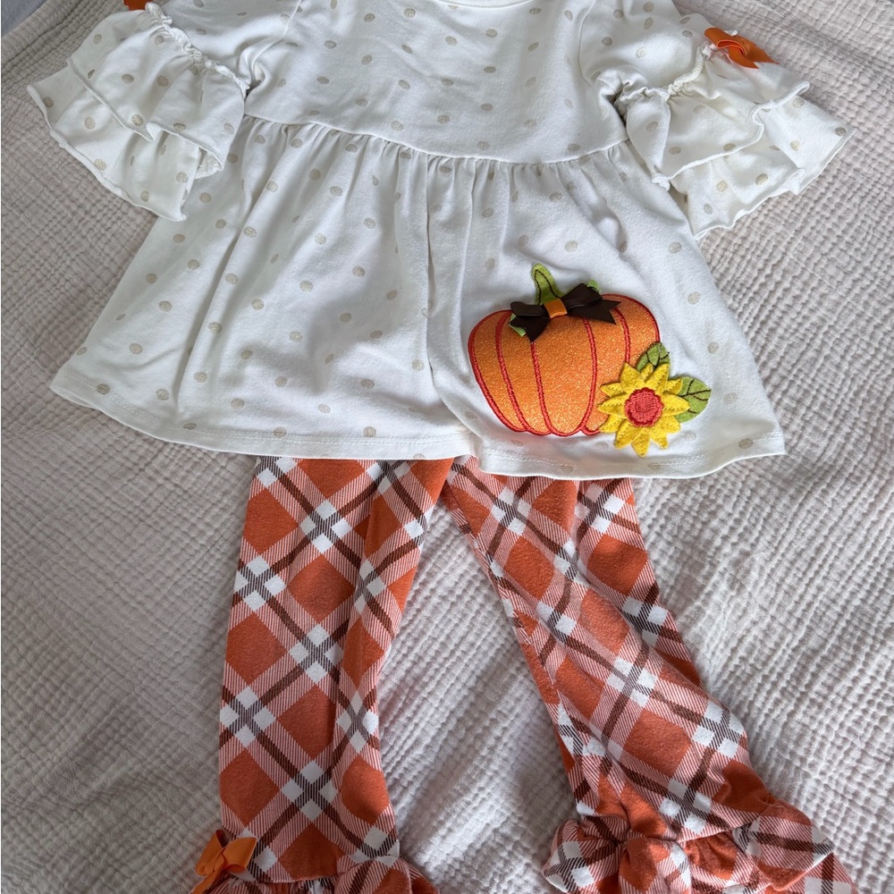 Rare Editions White Peplum Top & Orange Plaid Leggings Pumpkin Set